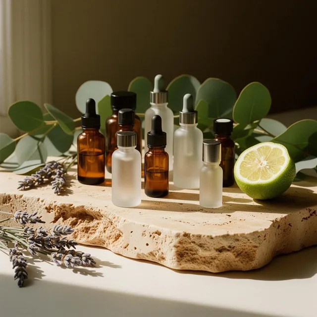 A cluster of amber and frosted glass dropper bottles on a slab of travertine, with eucalyptus branches and dried lavender in low sun.