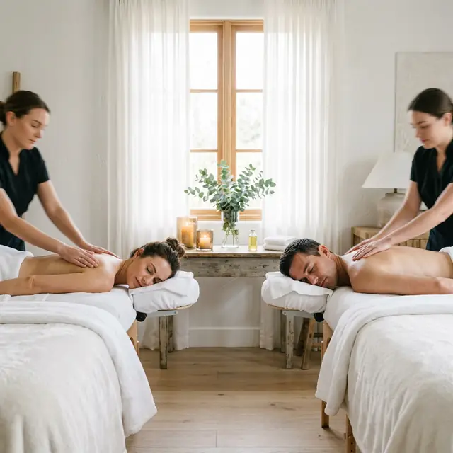 A man and a woman face each other on parallel massage tables while two therapists work their shoulders, a console of candles between them.