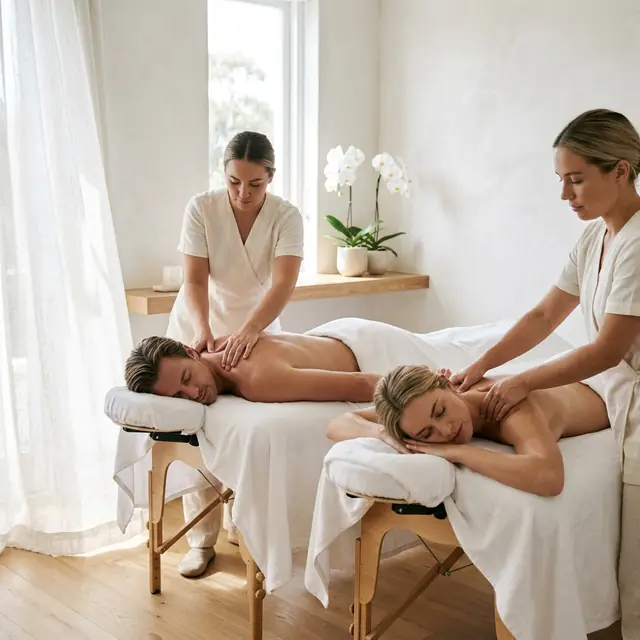 Two clients, a man and a woman, on side-by-side massage tables while two therapists in cream tunics work along their backs.