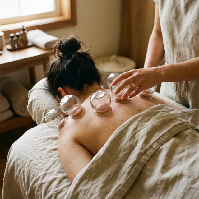 Five glass cups sit in a row across a client's upper back while the therapist's hand rests on the last one, in a warm room with a wood-framed window.