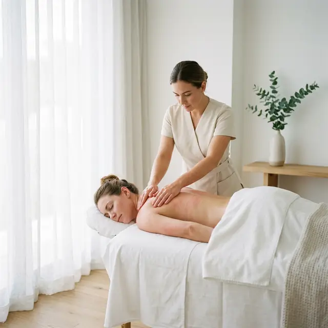 A therapist in a beige wrap tunic works along a client's back beside a sunlit sheer curtain, eucalyptus in a stone vase on the console.