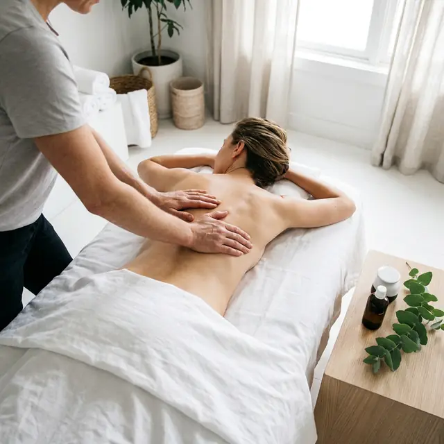 Seen from above and behind, a therapist presses along a client's lower back in a bright room of plants, baskets and stacked white towels.