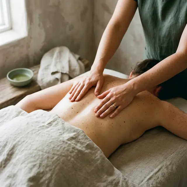 Seen from above, a therapist in a forest-green linen top presses both palms flat along a client's oiled back, a bowl of oil on the bench behind.