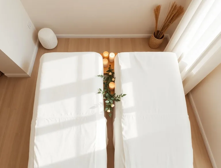 Overhead view of two massage tables side by side on pale wood, a low bench between them holding candles and a trailing eucalyptus garland.