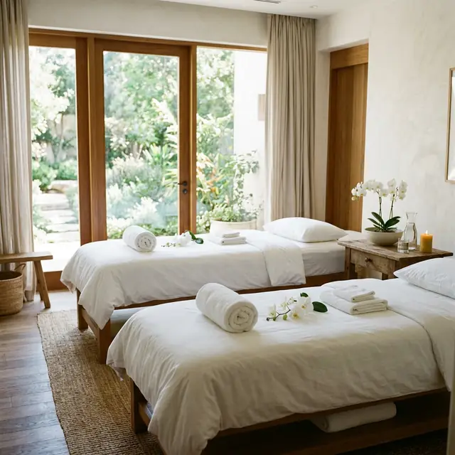 Two low wood-framed beds made up in white linen with rolled towels and orchid stems, facing wood-framed garden doors on a plank floor.
