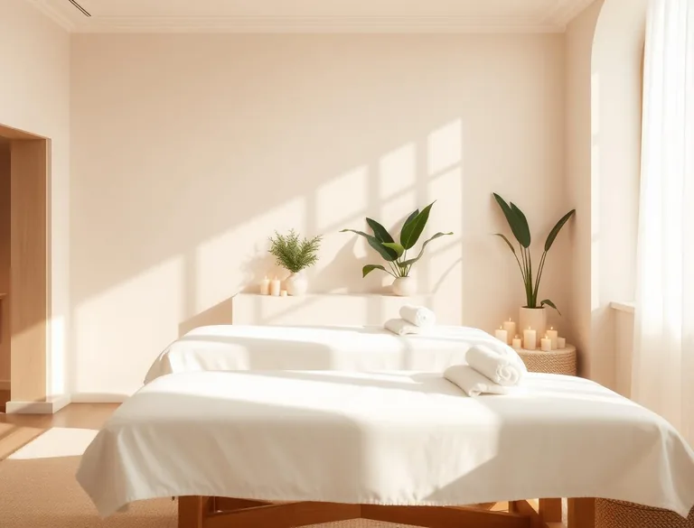 Two empty massage tables dressed in white linen side by side in a warm cream room, with candles, rolled towels and potted plants in low sun.