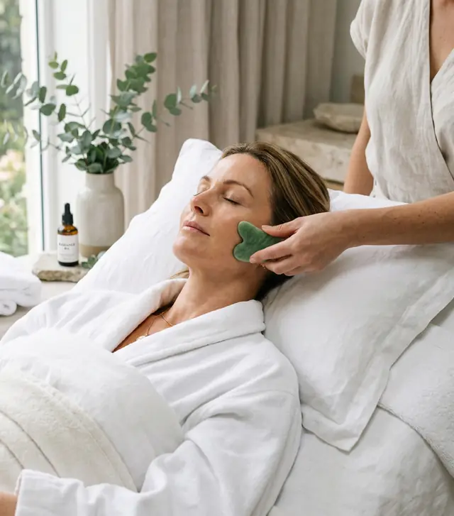 A jade gua sha stone drawn up along a client's cheekbone while she rests in a white robe, a garden window behind.