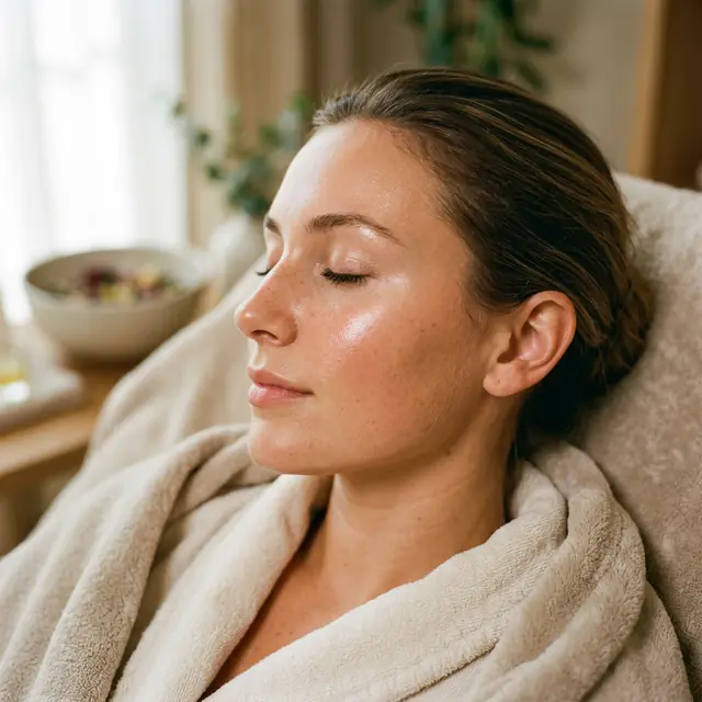 A woman rests back in a cream robe with her eyes closed, skin freshly cleansed, eucalyptus and a bowl of dried petals behind her.