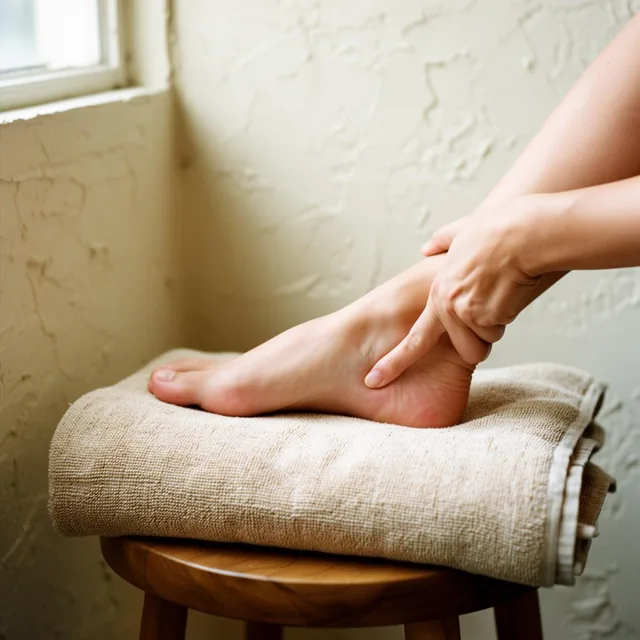 Close-up of two hands pressing into the arch of a bare foot resting on a rolled oatmeal towel on a walnut stool, against a warm plaster wall.