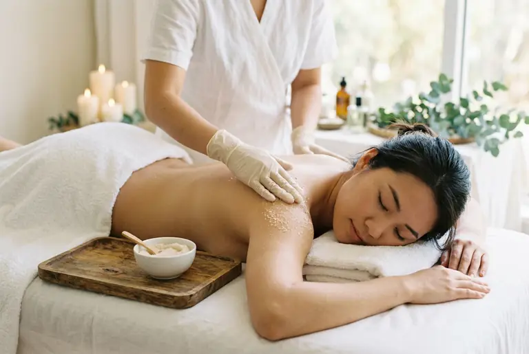 A therapist sweeps a coarse salt scrub across a client's back, a wood tray with a bowl of scrub at the table edge and a bright window behind.