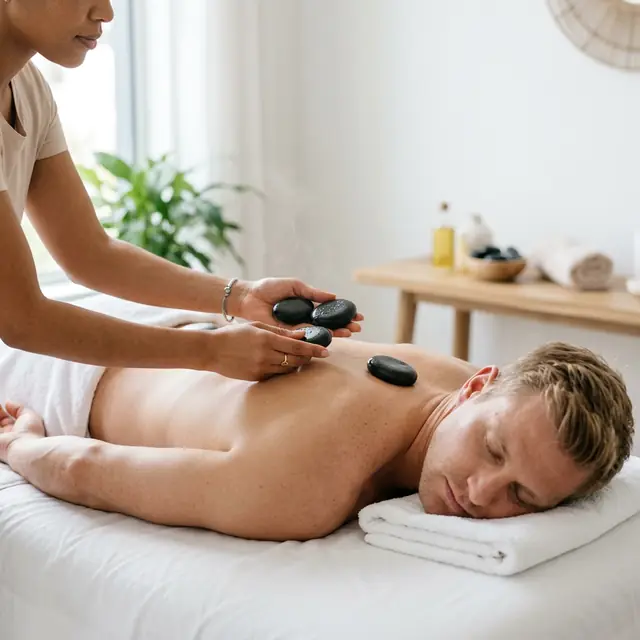 A therapist places smooth warm stones along a male client's back, with a green plant catching the window light behind.