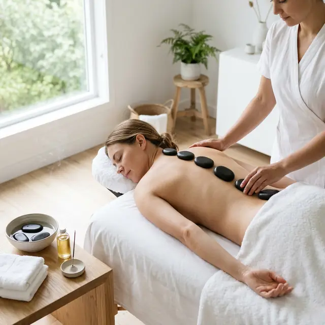 Smooth heated stones rest in a row along a client's spine while the therapist steadies one at the shoulder, a bowl of stones in front.