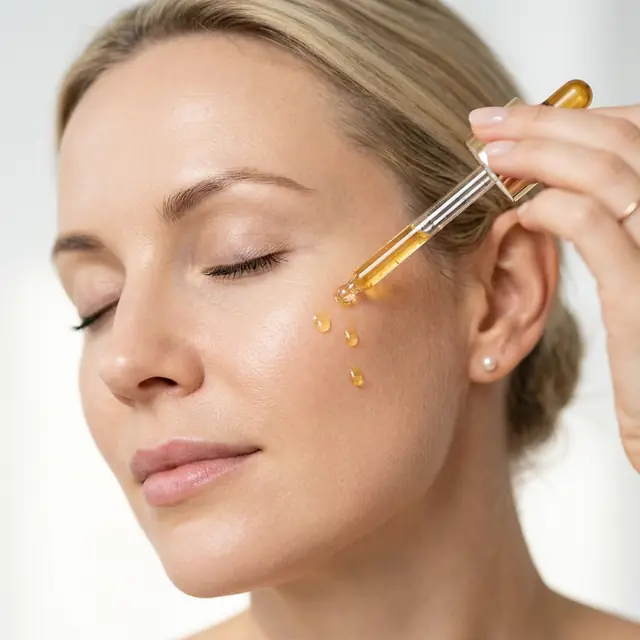 Close-up of a woman with eyes closed and hair pulled back, brows and lashes in focus, as a dropper releases golden oil on her cheekbone.