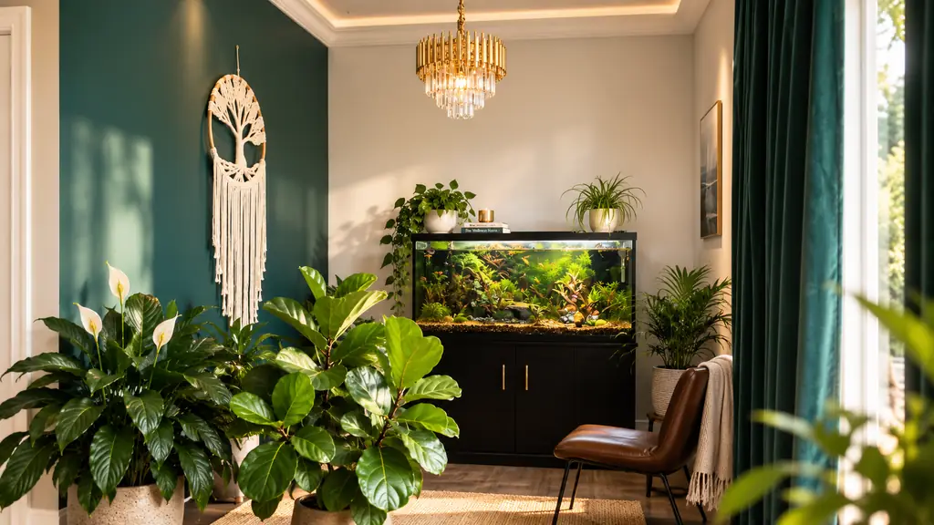 The Healing Touch waiting area: a deep teal wall hung with a cream macrame tree of life, a brass chandelier, peace lilies and a planted aquarium.