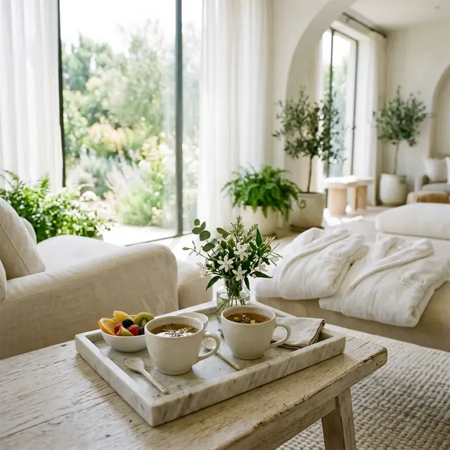 A cream linen sofa with two folded white robes in a sunlit lounge, a marble tray of herbal tea and fruit on a weathered wood table.