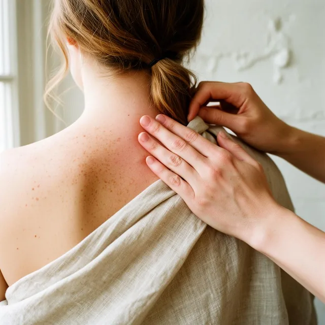 Close-up from behind of a therapist's hands at a client's neck and shoulder, easing her hair aside above a draped linen wrap.