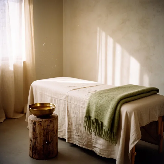 A quiet, empty treatment room: a cream-draped table with a sage-green throw and a brass singing bowl on a wood stump, in afternoon sun.