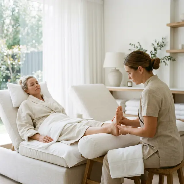 A client reclines in a robe on a cream chaise while a therapist on an oak stool works the sole of her foot, oak shelving behind.
