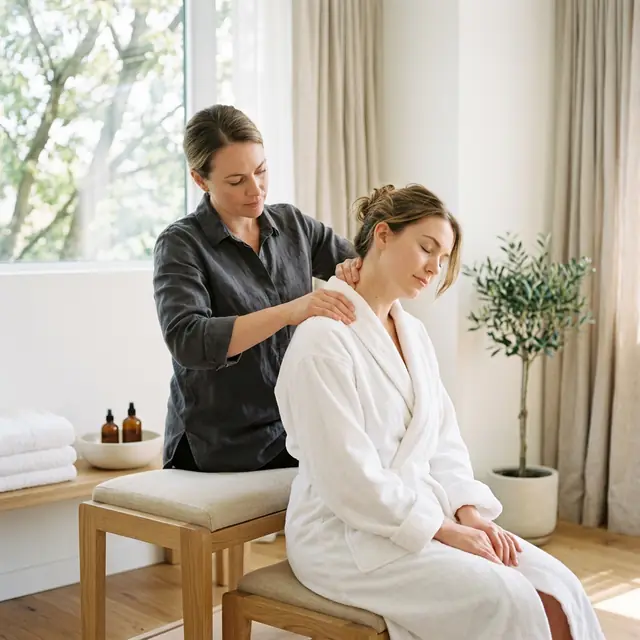 A client sits upright on an oak bench in a white robe while a therapist in charcoal linen presses into both shoulders.