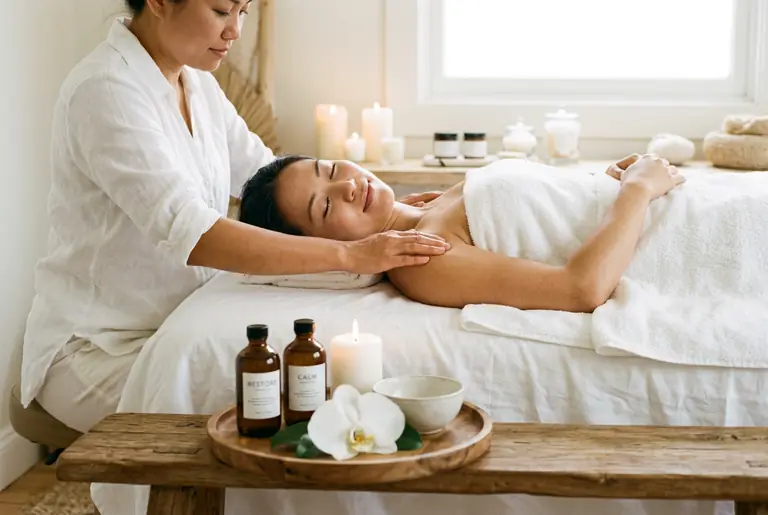 A therapist kneels beside a draped massage table with a hand on the client's shoulder; a wood bench in front holds oil, a candle and an orchid.