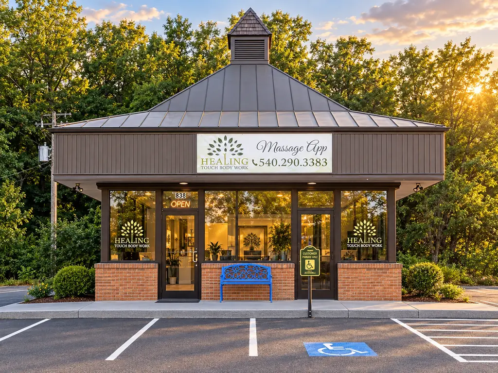 The Healing Touch Body Work storefront on Greenville Avenue at sunset, with a brown standing-seam roof, brick pillars and warm-lit windows.