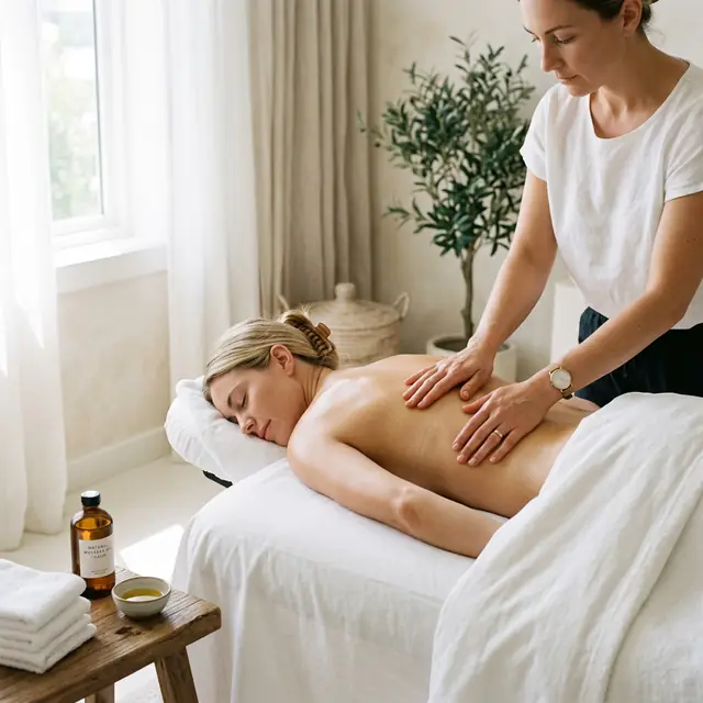 A therapist sweeps both palms along a client's back in long even strokes, with a potted olive tree and a woven basket behind.