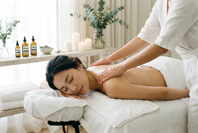 A therapist works both hands along a client's oiled upper back during a massage, with amber oil bottles and pillar candles on the wood shelf behind.