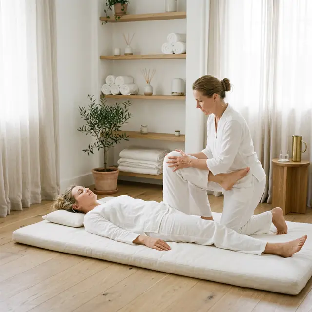 A clothed client on a floor mat in cream linen while the kneeling therapist supports a bent knee, oak shelves of towels behind.