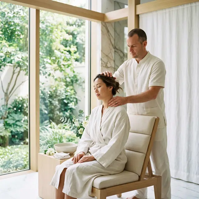 A therapist stands behind a seated client in a linen robe, one hand at her crown and one at her shoulder, tall windows onto a garden.
