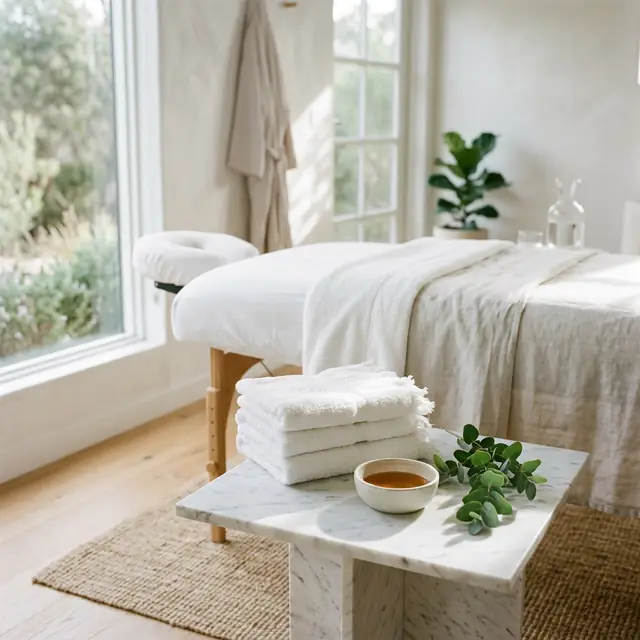 An empty treatment room in morning light: a wood-framed table in cream linen, folded towels, a bowl of oil and a fiddle-leaf fig.