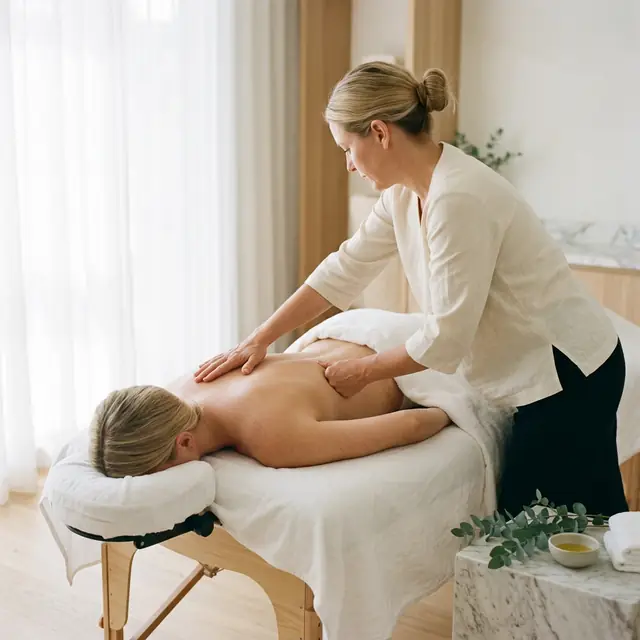 A therapist in a cream linen jacket braces one hand and works the other along a client's back, eucalyptus on the marble ledge beside.